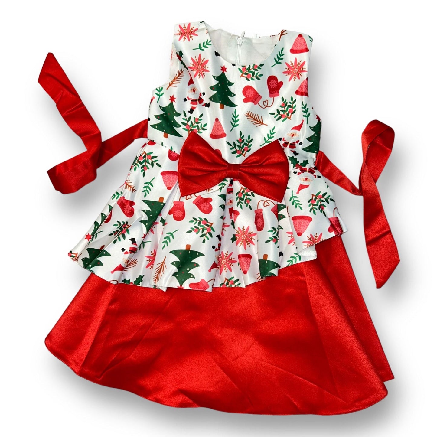 Girls Size 4 Holiday Dress Satin Layers with Ribbon Tie-Back and Christmas Bow