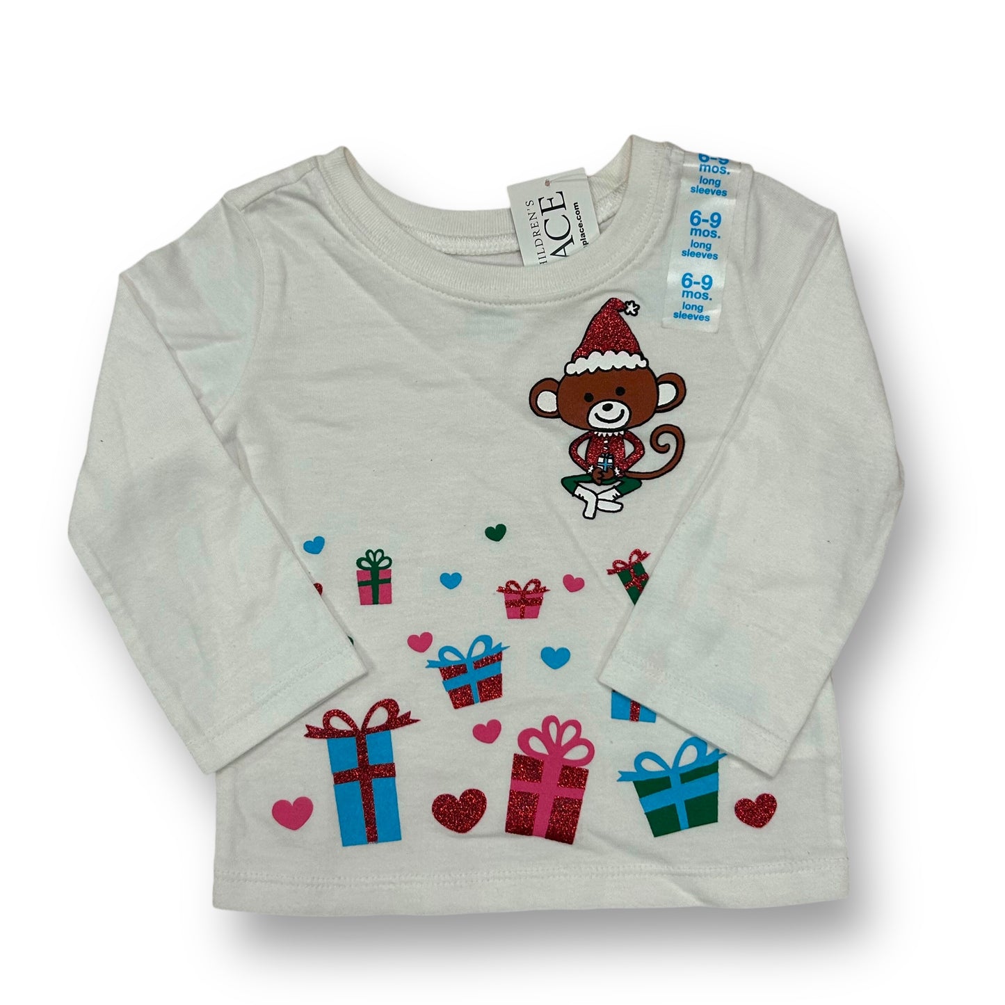 NEW! Girls Children's Place Size 6-9 Months White Christmas Monkey Shirt