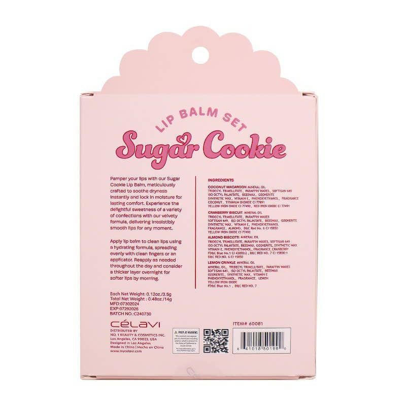 Pink packaging of a lip balm set with 'Sugar Cookie' text on a white background
