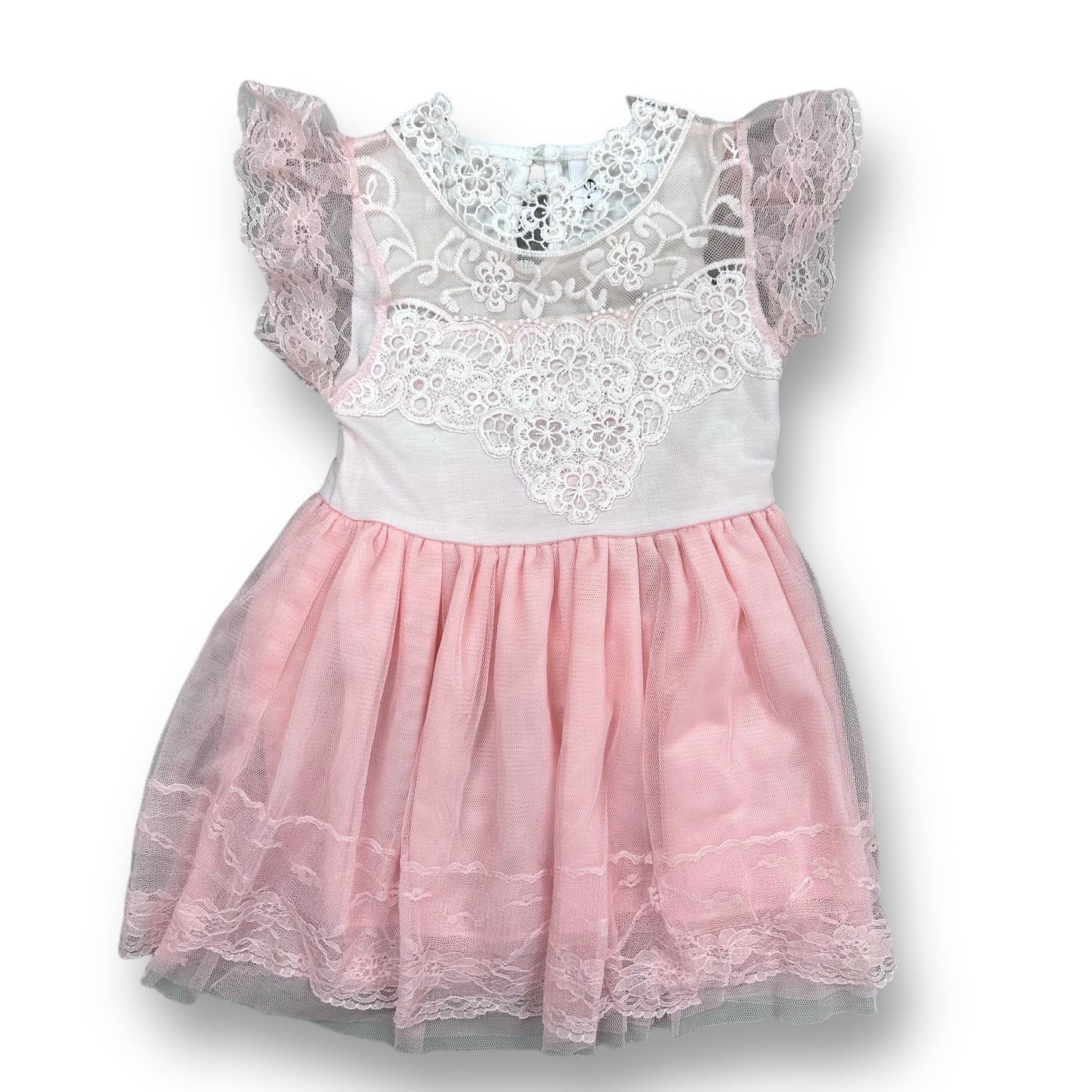 Girls Size 4 Pink Special Occasion Dress with Lace Flutter Sleeves and Tulle