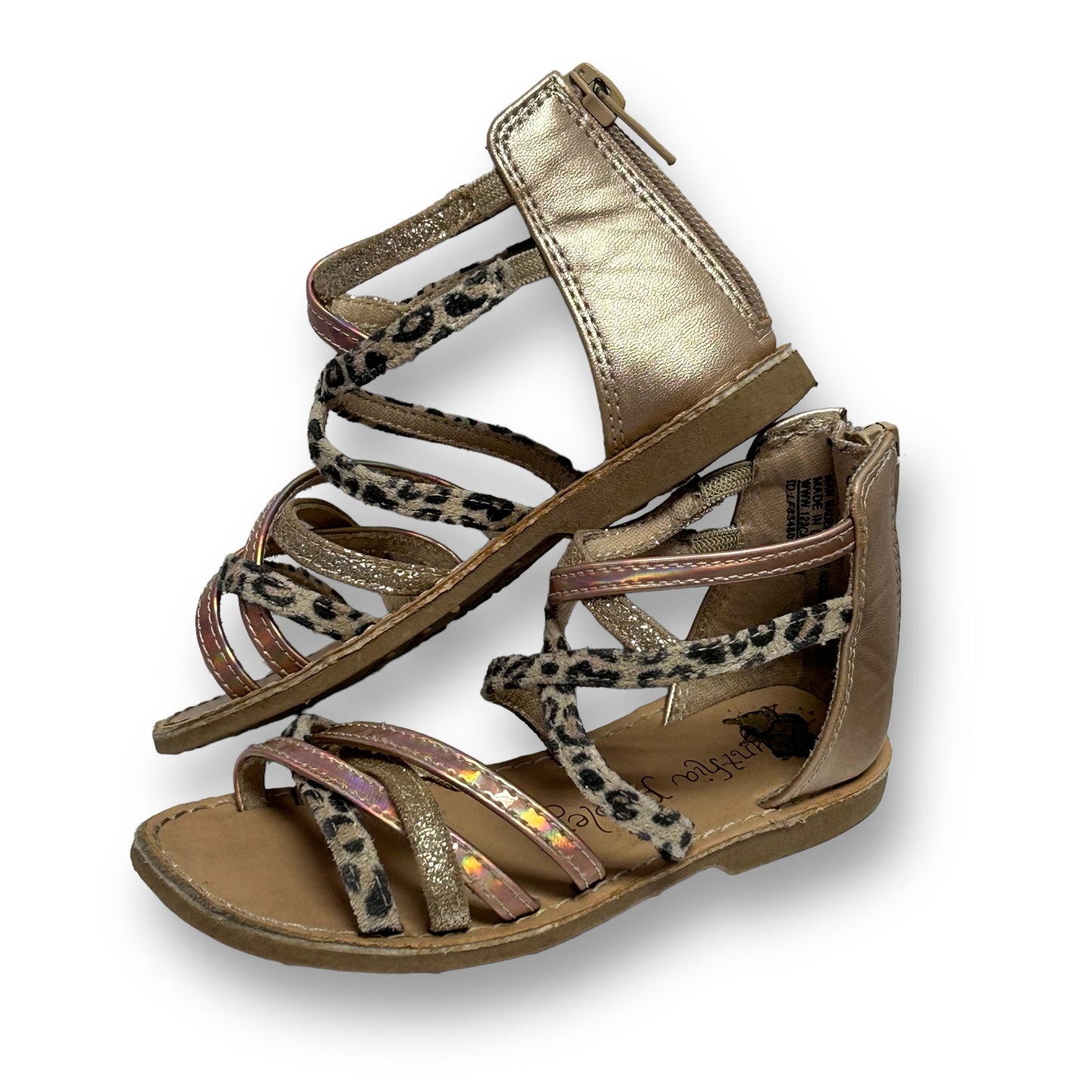 Girls Gladiator Sandals Size 8 Toddler Gold Leopard Print Zippered Flat Sandals