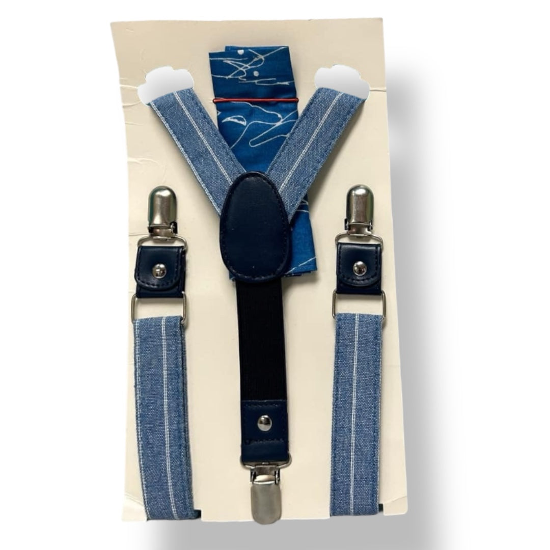 NEW! Boys Clip On Suspenders Set - Blue Adjustable Stretch with Metal Clasps