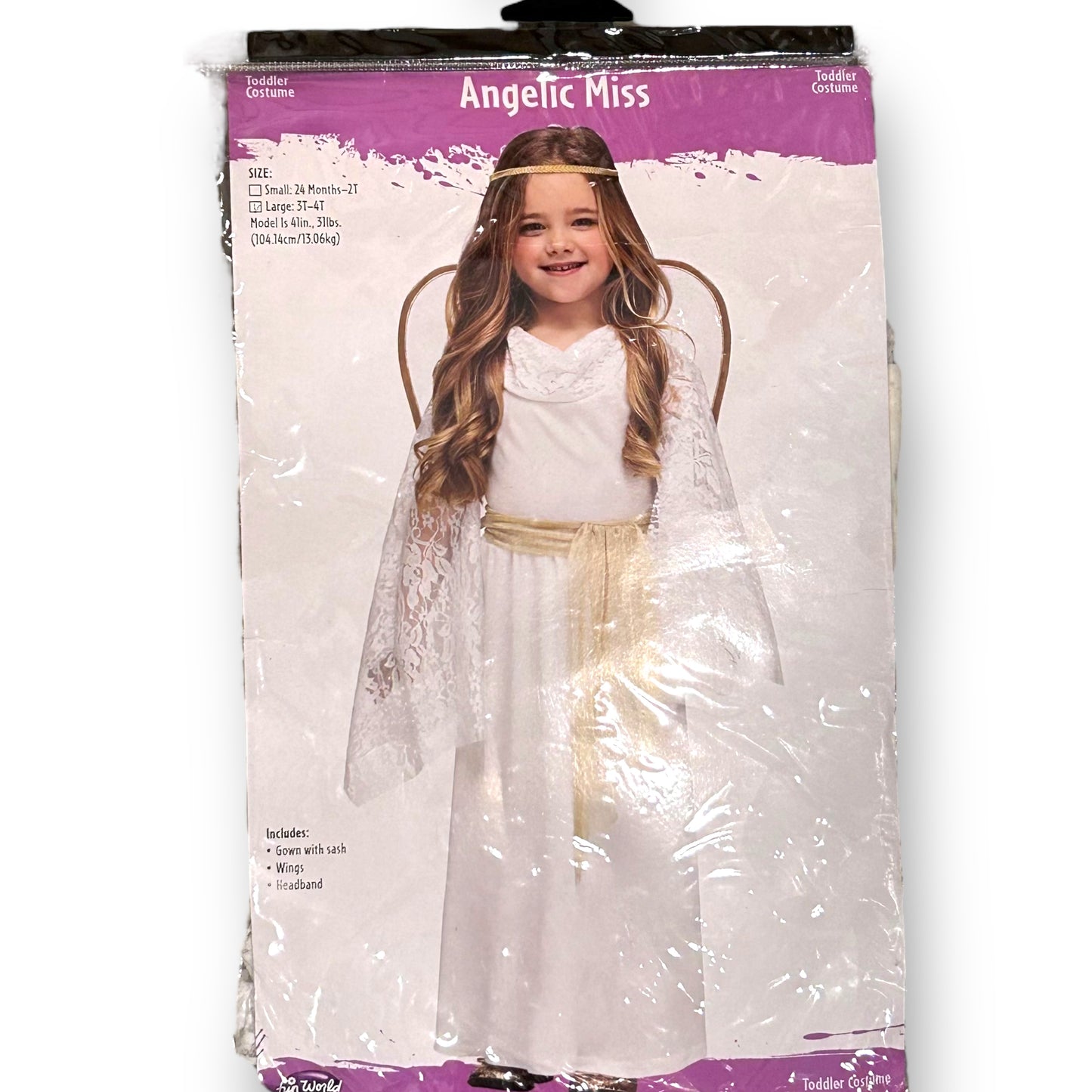 Kids Angel Costume Toddler Size 3T/4T with Gown, Sash, Wings, and Headband