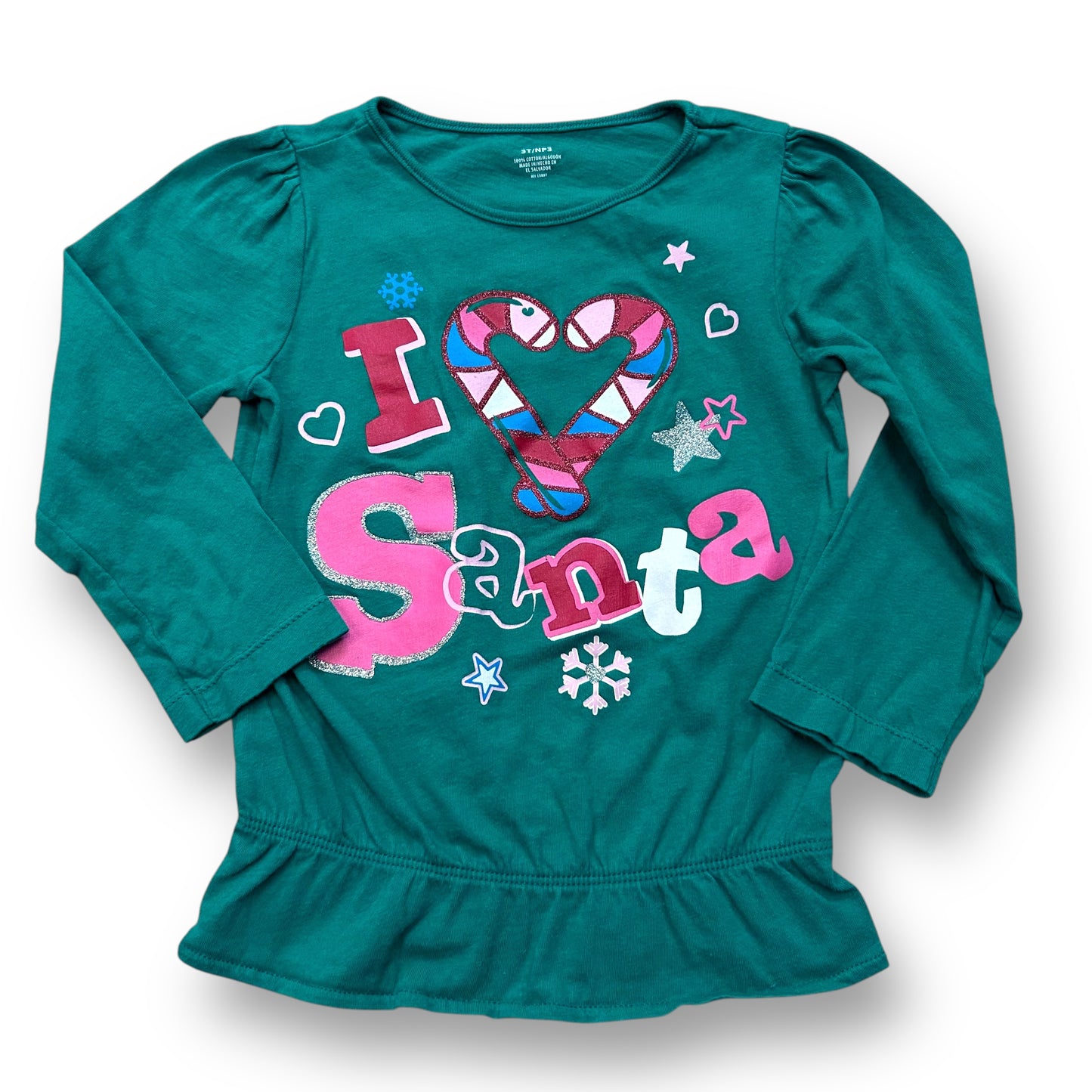 Toddler Girls Size 3T Green I Love Santa Long Sleeve Christmas Shirt