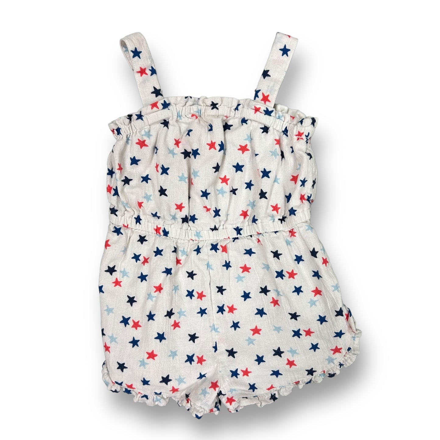 A girls' romper with red, white, and blue star print, featuring a short-sleeved top and pants.