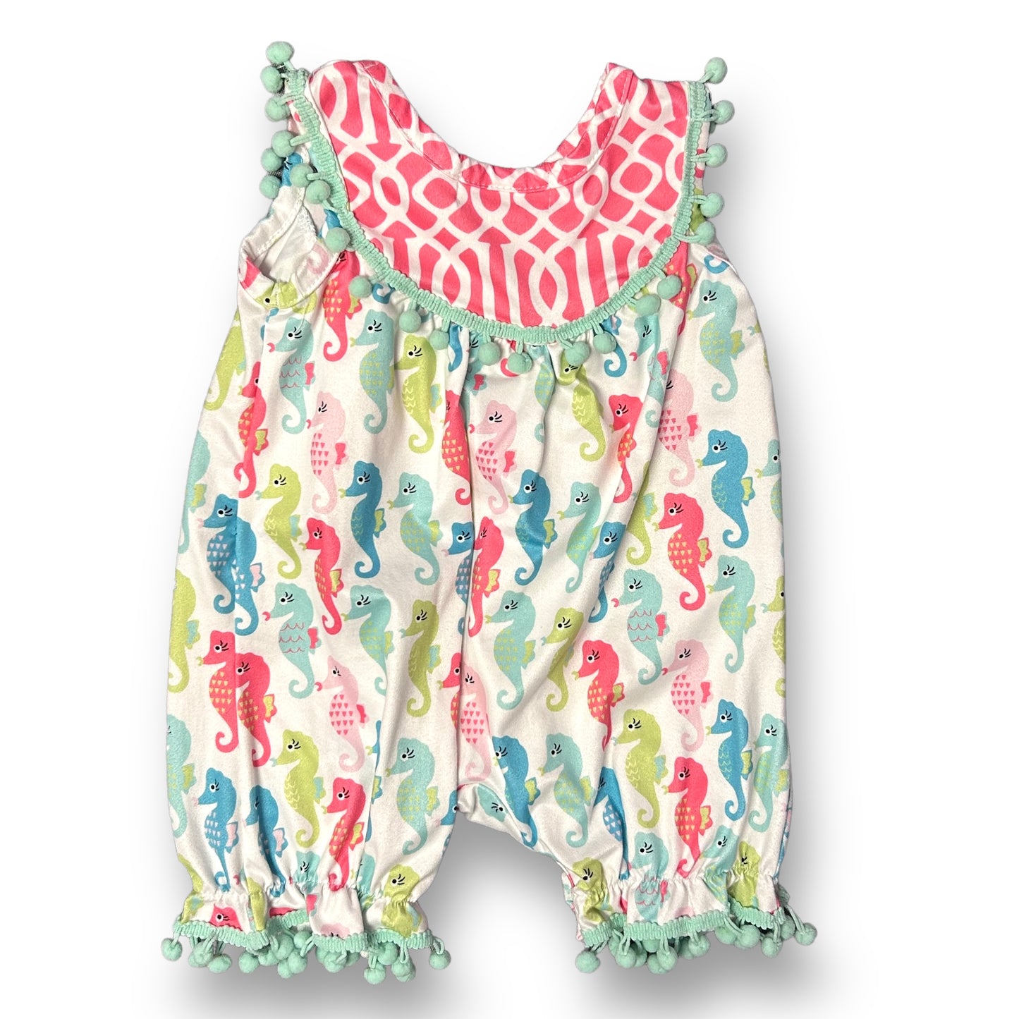 Baby Girl 6-12 Months One Piece Sea Horse Print Pom Collar Sleeveless Romper