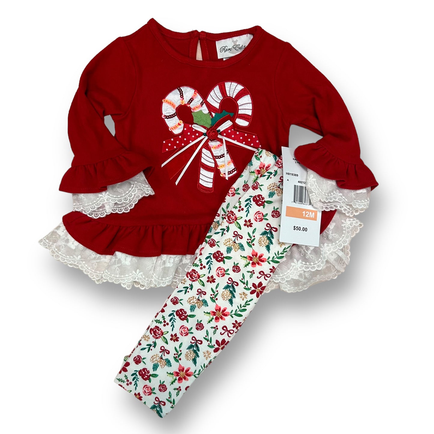 NEW! Rare Editions Girls 12 Months Christmas Outfit 2-Pc Candy Cane Pants Set
