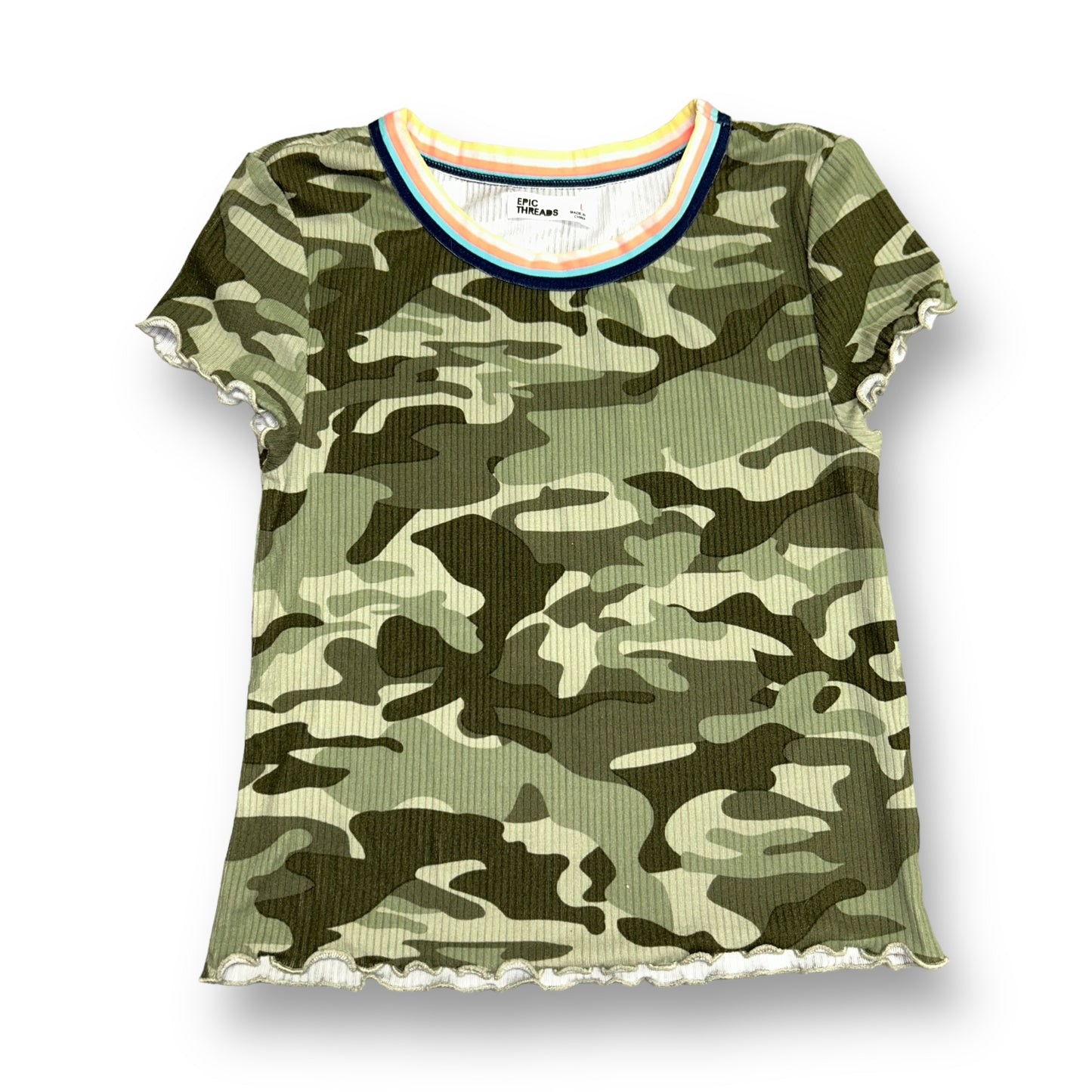Epic Threads Youth Girl Size 10/12 Soft Ribbed Camo Short Sleeve Top