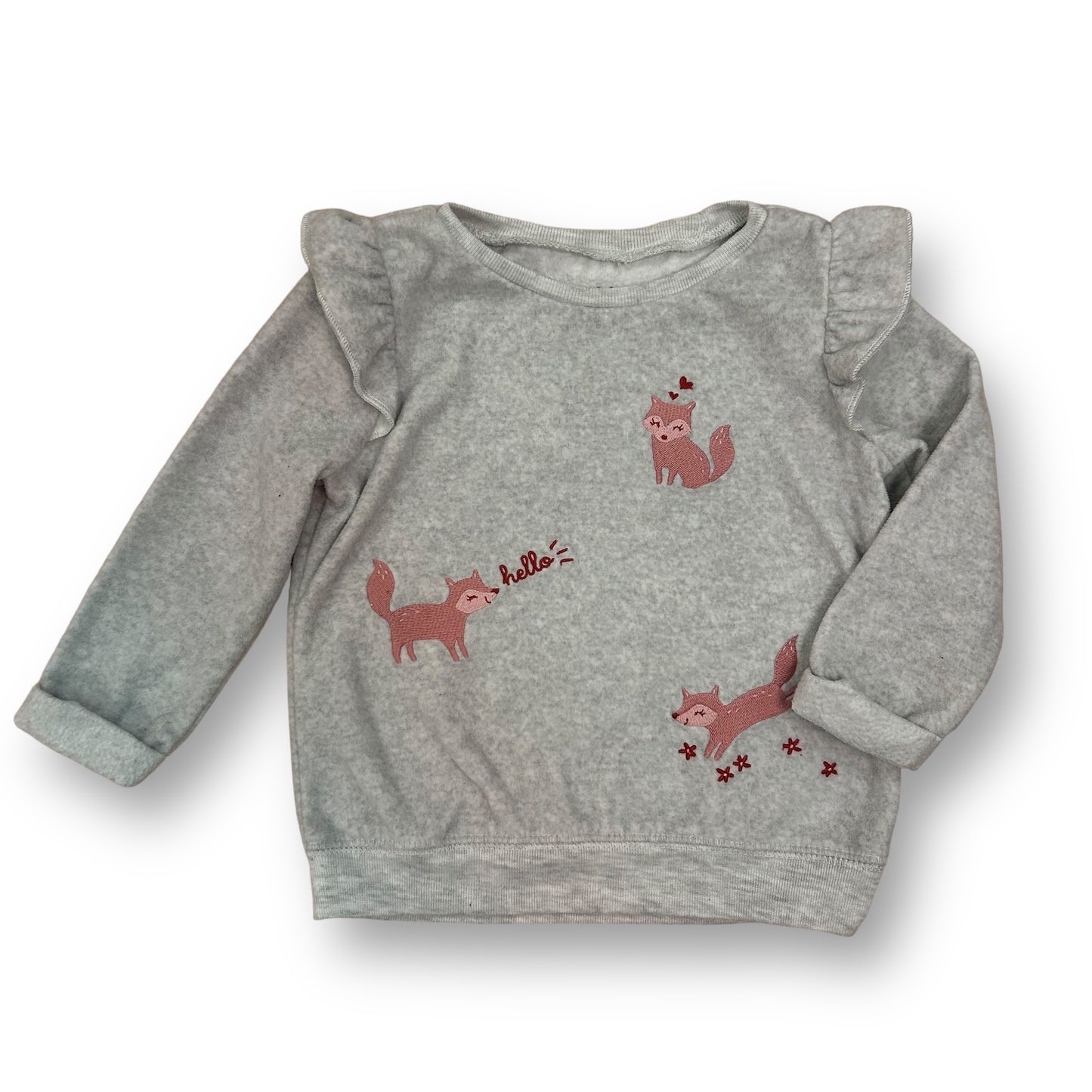 Toddler Girls Size 18 Months Soft Gray Pullover Fox Print Ruffled Sweatshirt