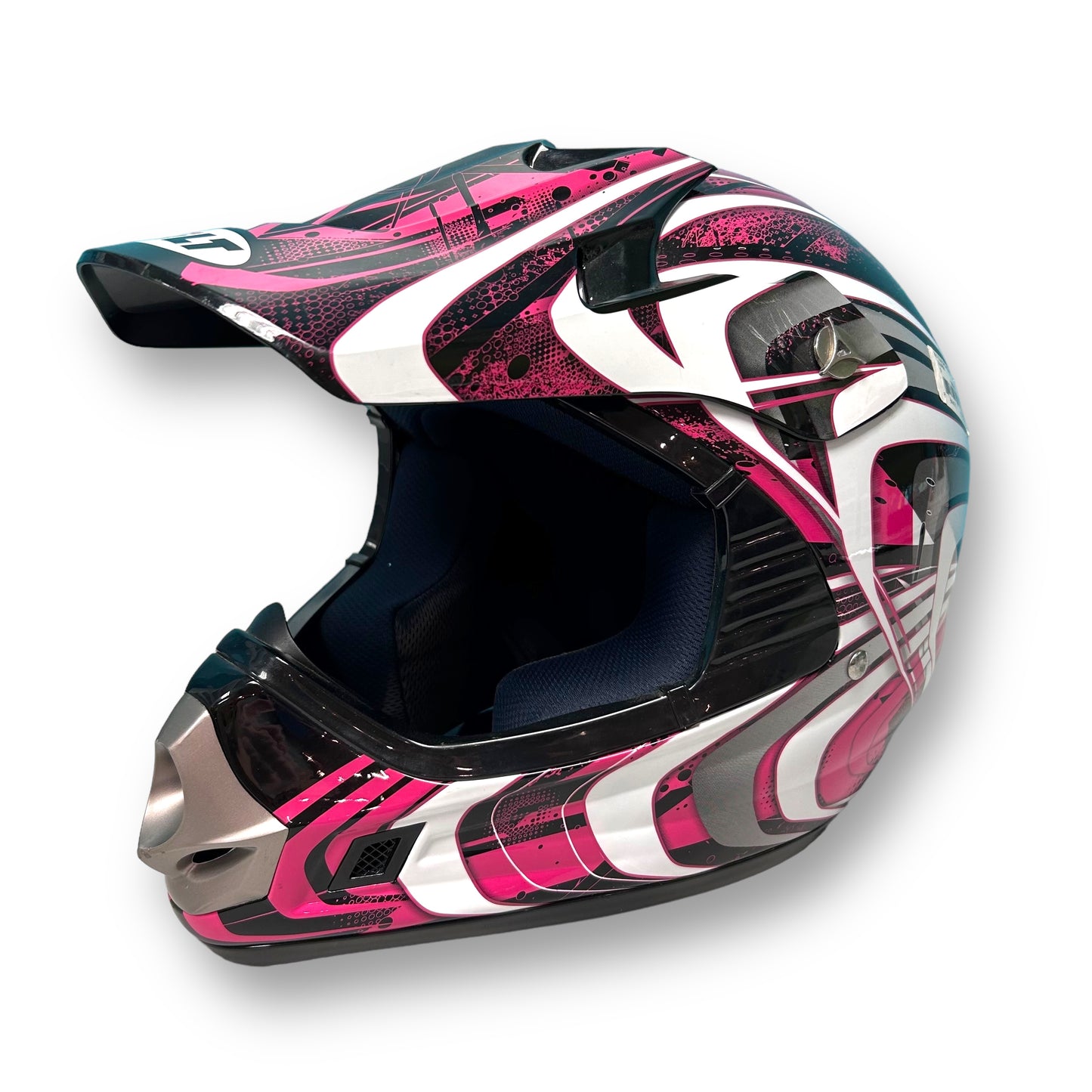 A youth-sized pink and black Bilt Clutch motocross helmet with a geometric pattern.
