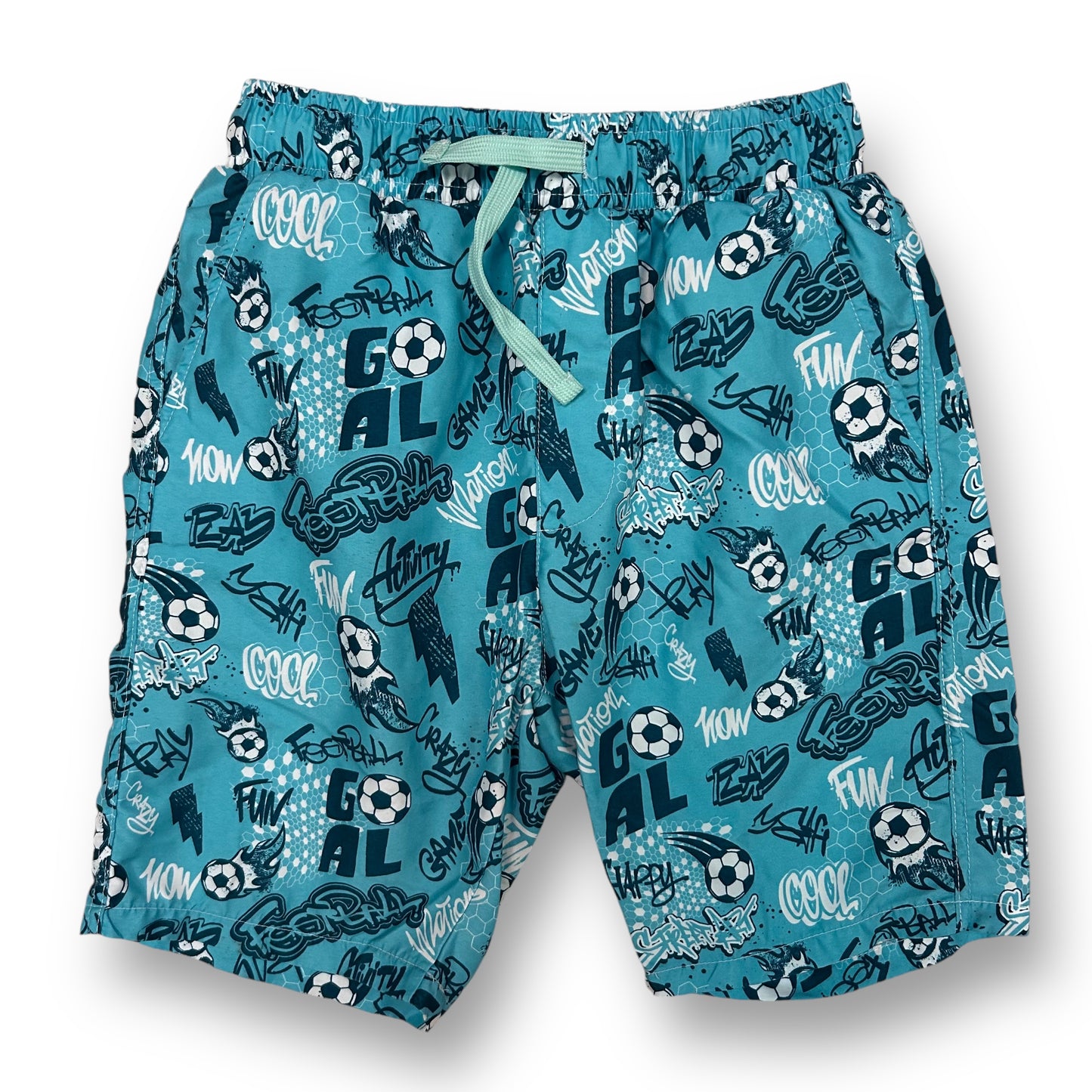 Boys Size 10/12 Youth Soccer Print Adjustable Waist Swim Trunks