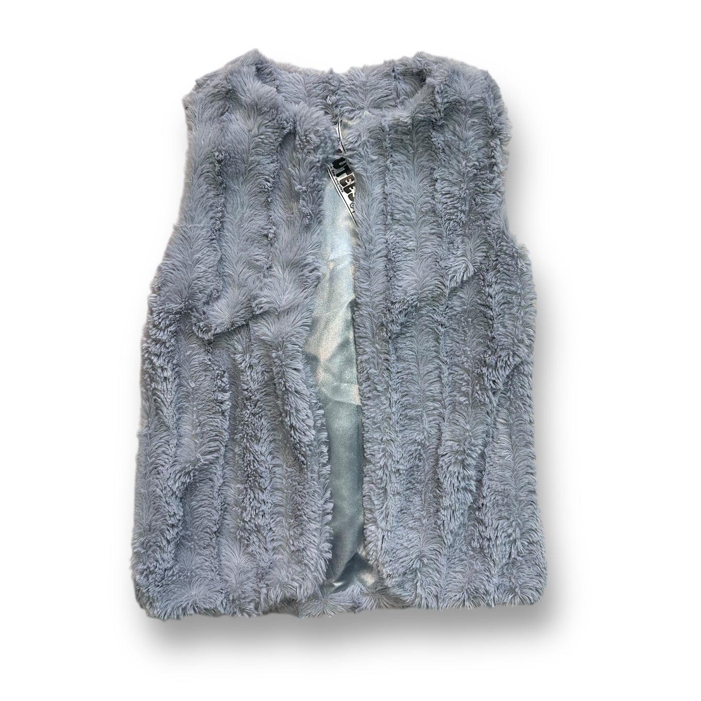 Light gray faux fur fashion vest for girls, size 4, with a high neck and zipper front.