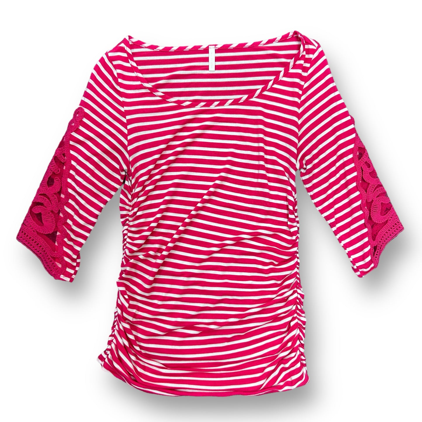 PinkBlush Size Small Maternity Top Striped Pink Lace 3/4 Sleeve Ruched Blouse