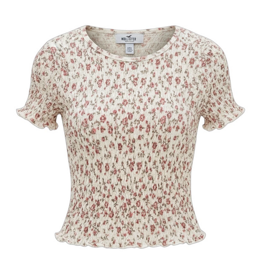 Hollister Smocked Floral Crop Top Women's Juniors Size Small Short Sleeve Shirt