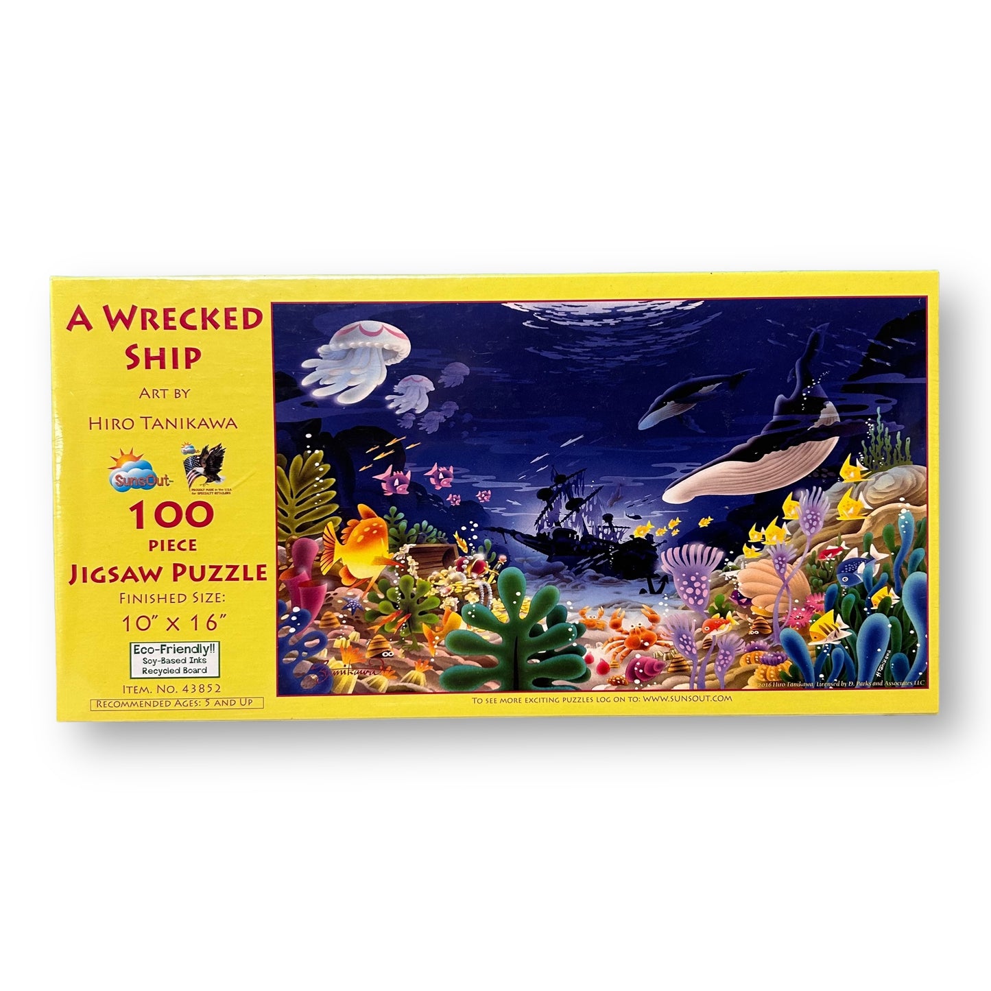 A 100-piece jigsaw puzzle depicting an underwater scene with a wrecked ship, various fish, and a whale.