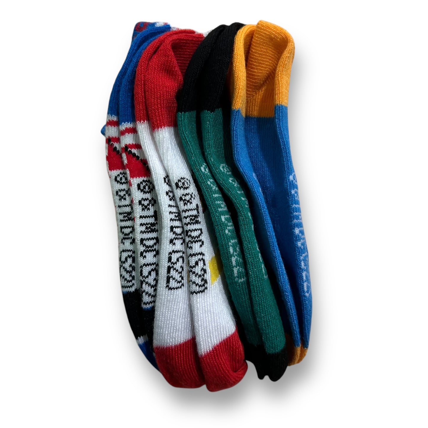 A pack of five multicolored DC Comics superhero socks, each featuring a different design with comic book character logos.