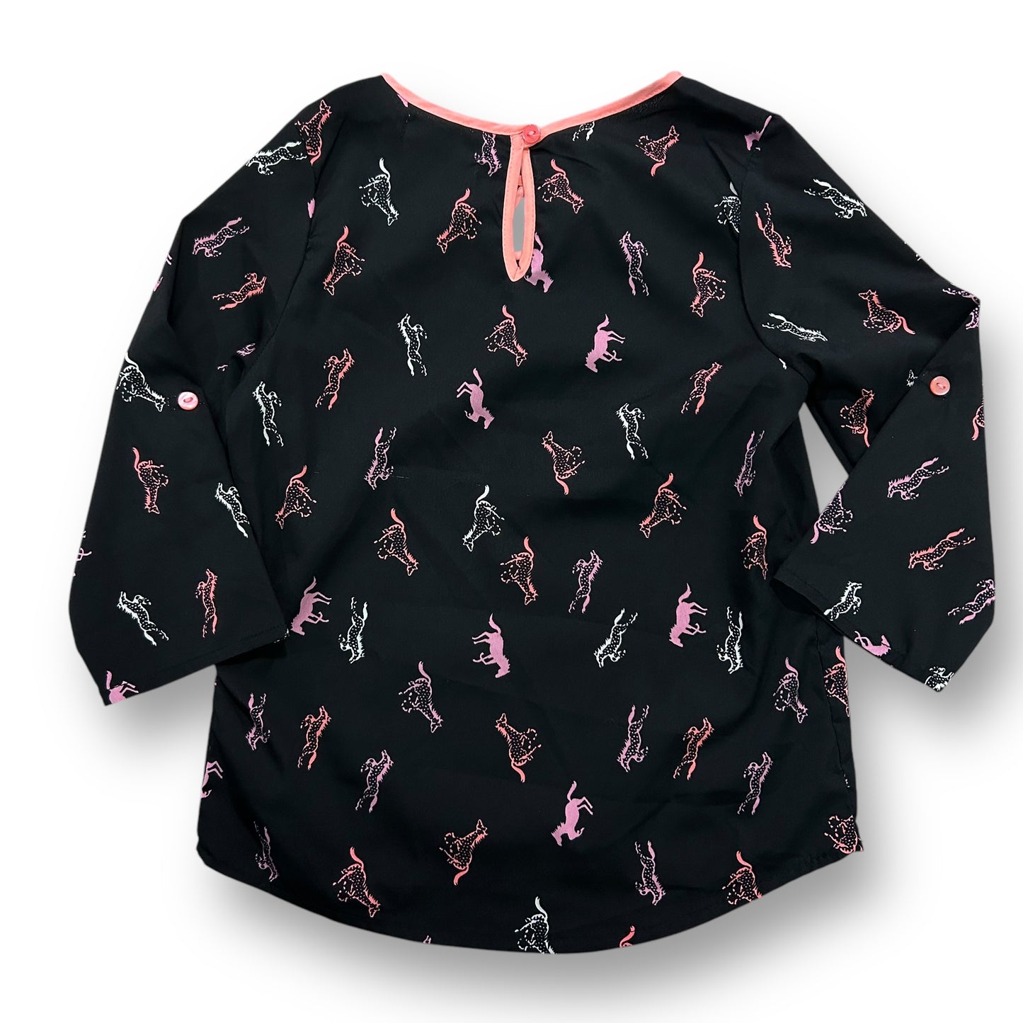 Japna Girls Size 7 Black Horse Print Blouse with Button Closure