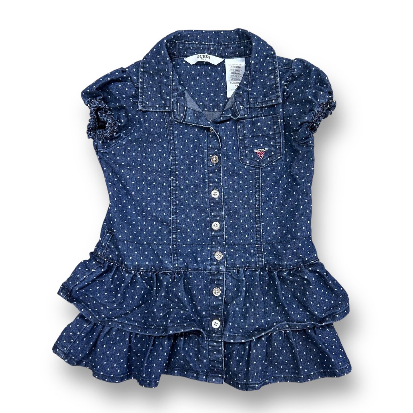 Guess Girls Size 3T Denim Polka Dot Button Down Short Sleeve Dress