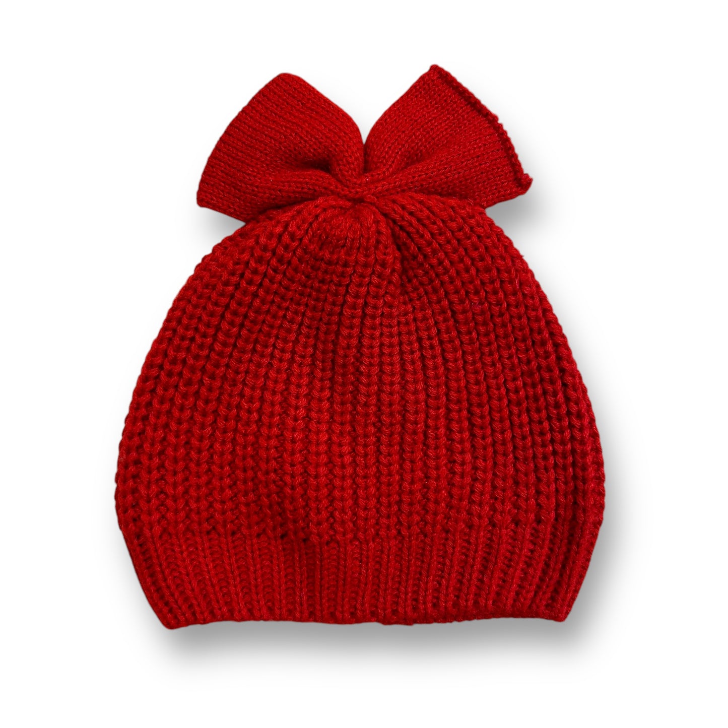 A red knit winter baby hat with a bow on top for girls, Old Navy size 0-6 months.