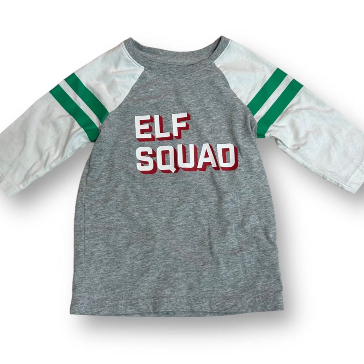 A gray long-sleeved shirt with green stripes on the sleeves and 'ELF SQUAD' text printed on the front.