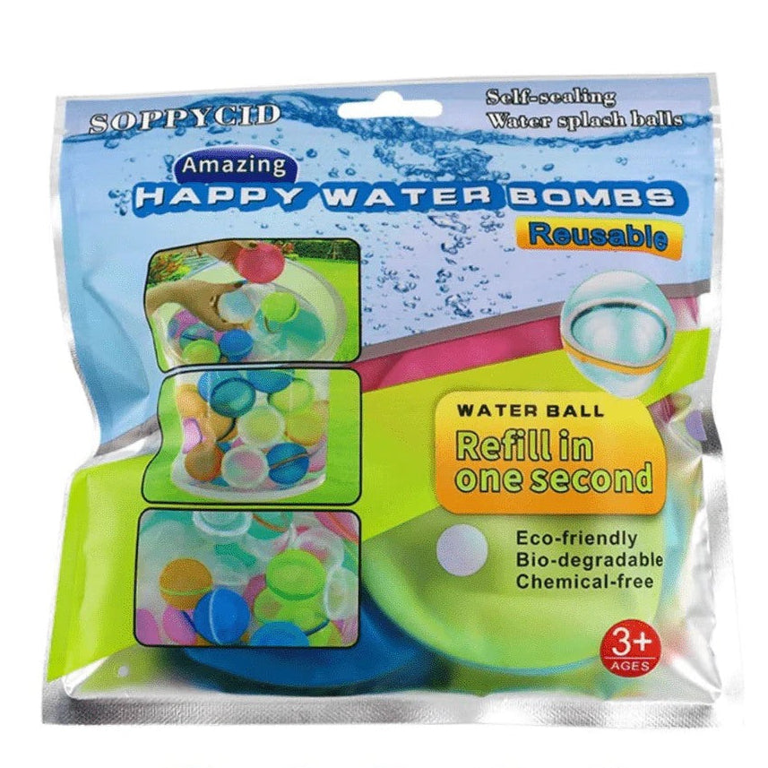 Packaging for reusable water balloons showing the product name, 'Happy Water Bombs', and depicting the balloons in various colors after inflation. The packaging highlights eco-friendliness and biodegradability.