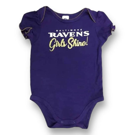 Purple Baltimore Ravens snap-bottom romper for girls size 18 months with text 'Girls Shine!' on the front