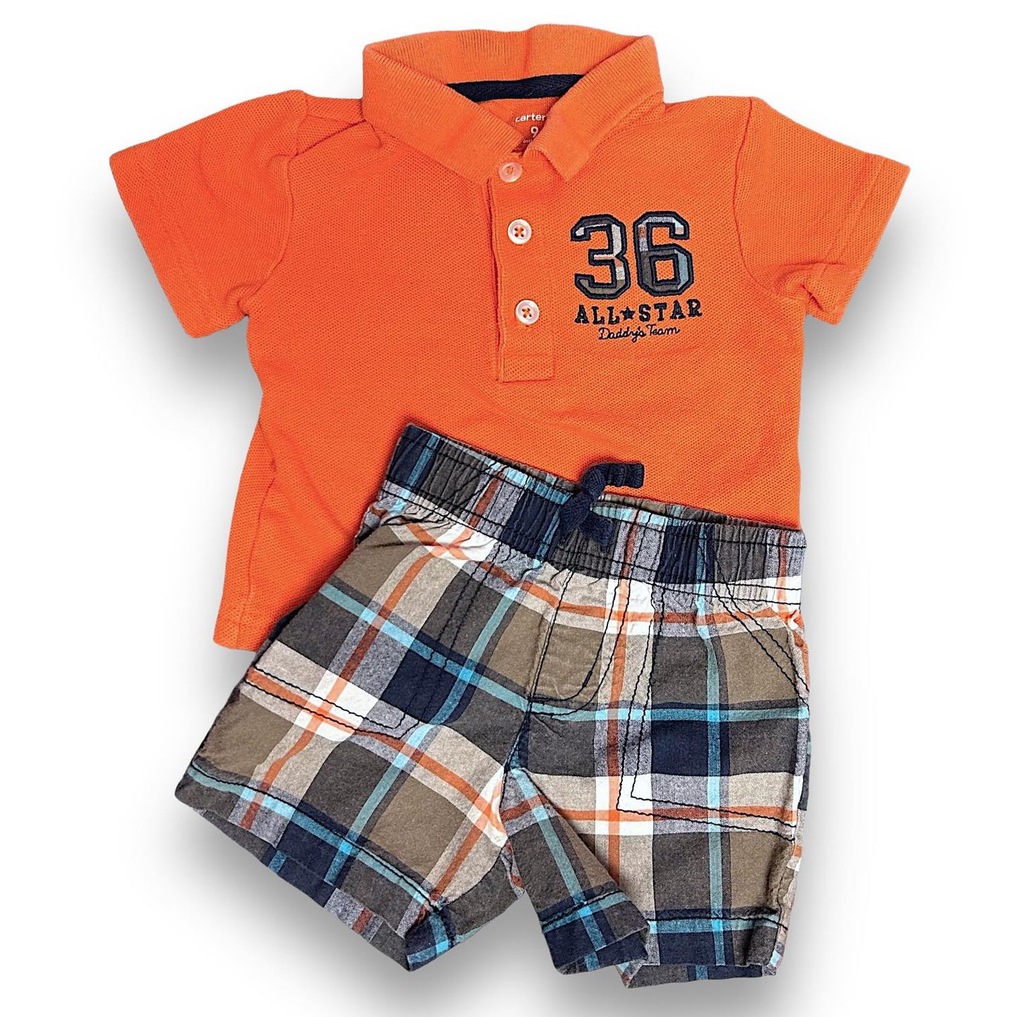 Boys Carter's Size 9 Months Short Outfit Orange Polo Shirt & Plaid Bottoms 2-Pc Set