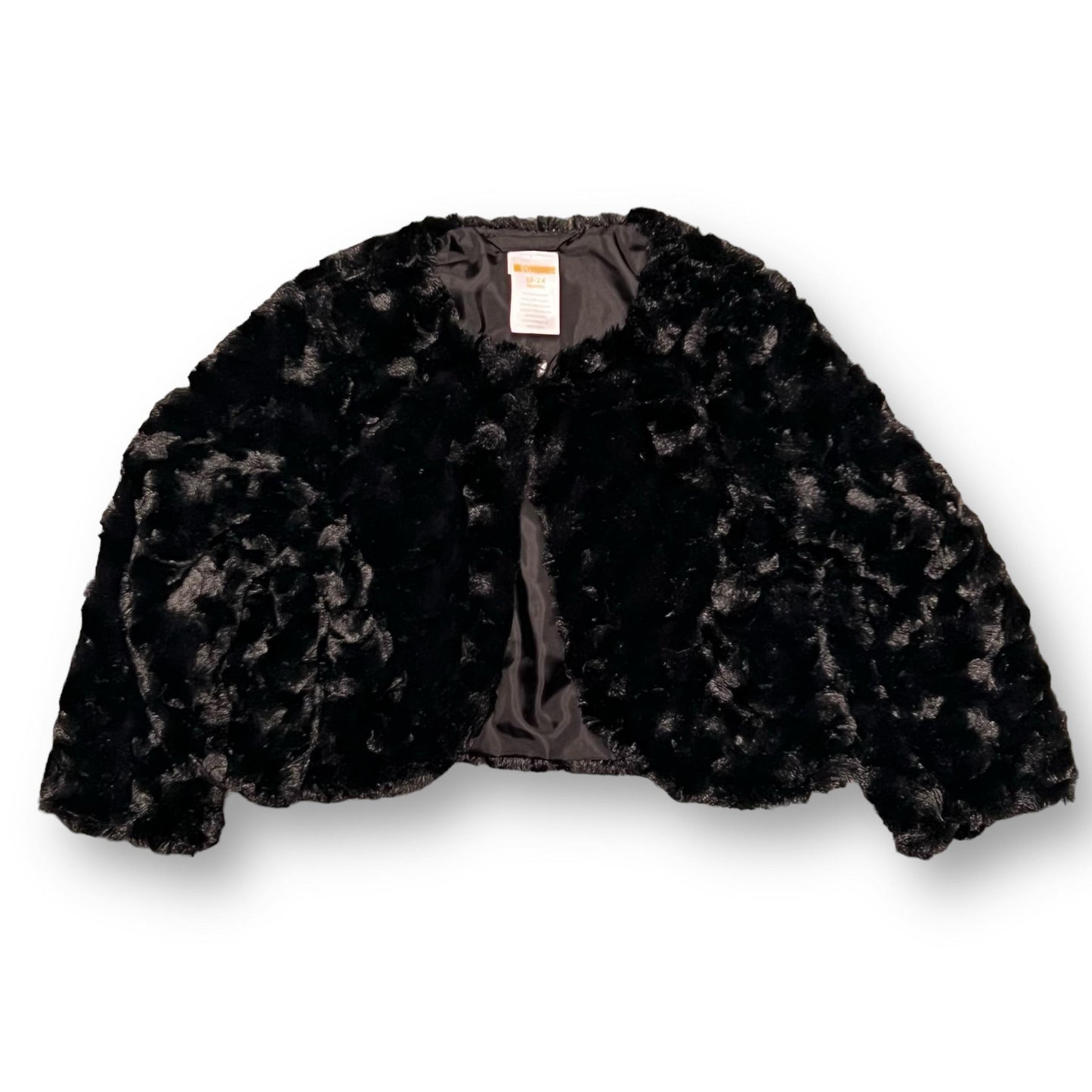 Black faux fur jacket shrug for girls, with a round neckline and long sleeves.