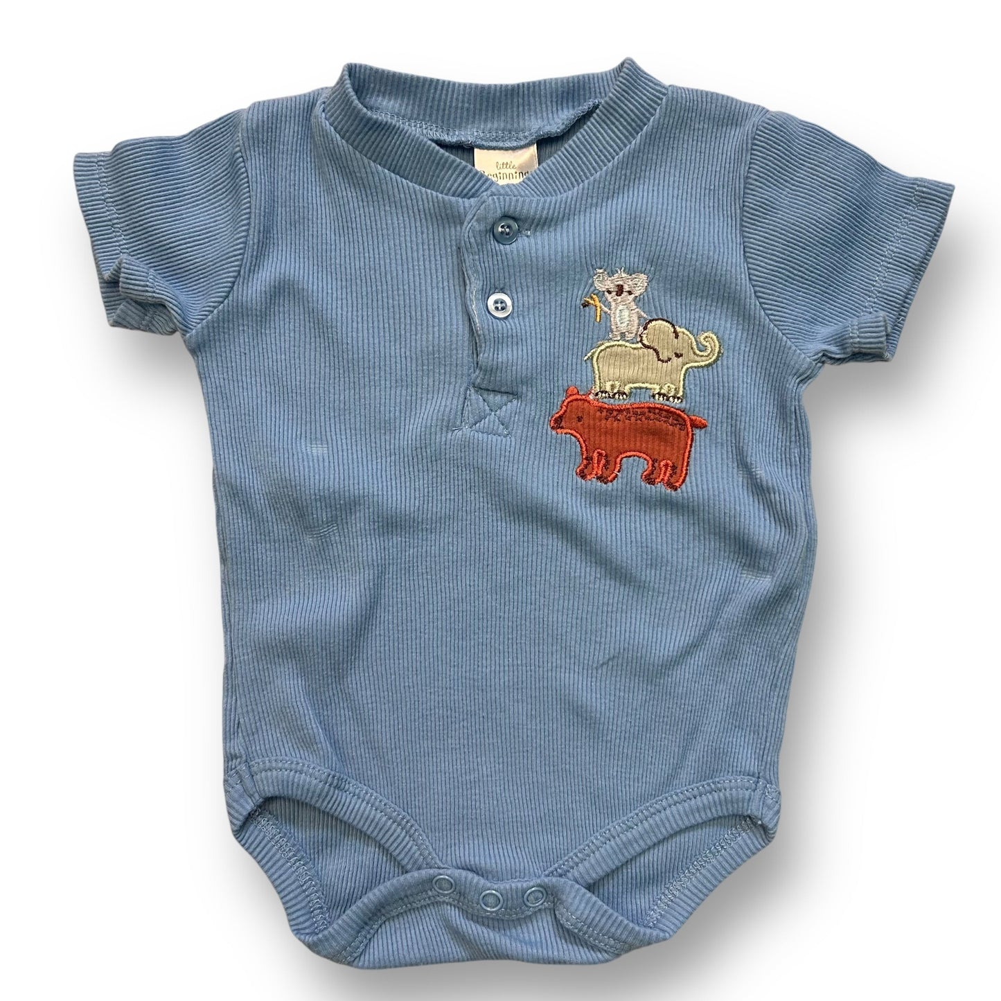 Baby Boy Romper Size 3-6 Months Blue Ribbed Henley with Embroidered Animals