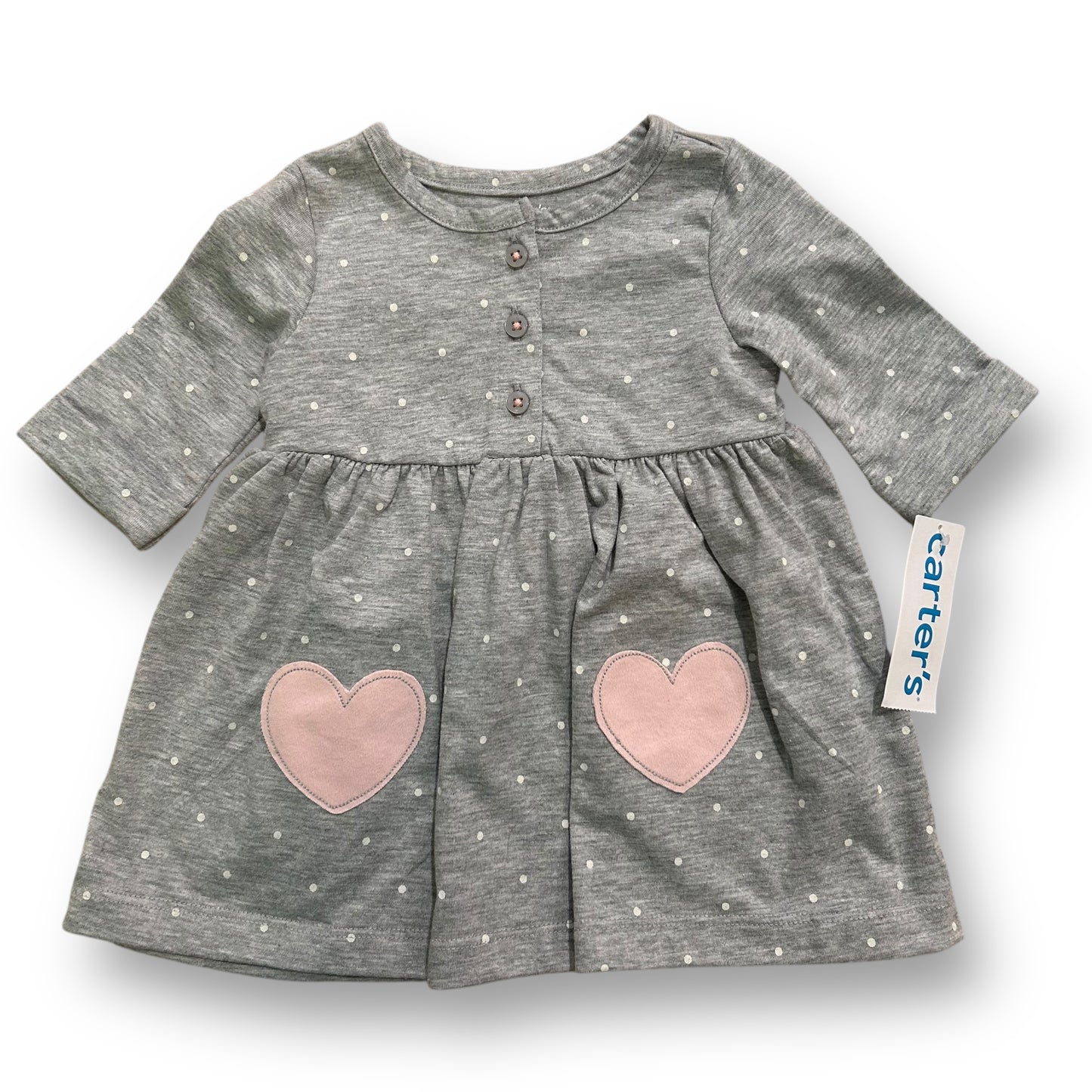 NEW! Carter's Baby Girl Size 6 Months Gray Long Sleeve Dress with Hearts