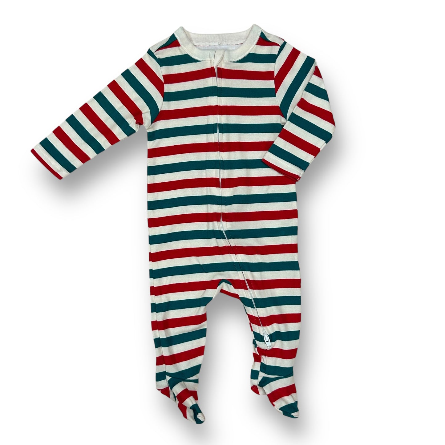 A striped footie sleeper with red and green colors, designed for a 3-6 month old boy.