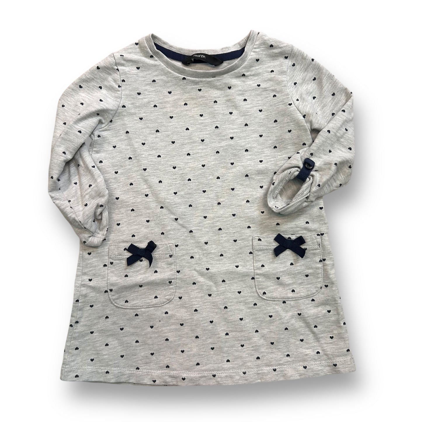 Girls Size 2/3 Toddler Gray Heart Print Long Sleeve Comfy Dress with Pockets