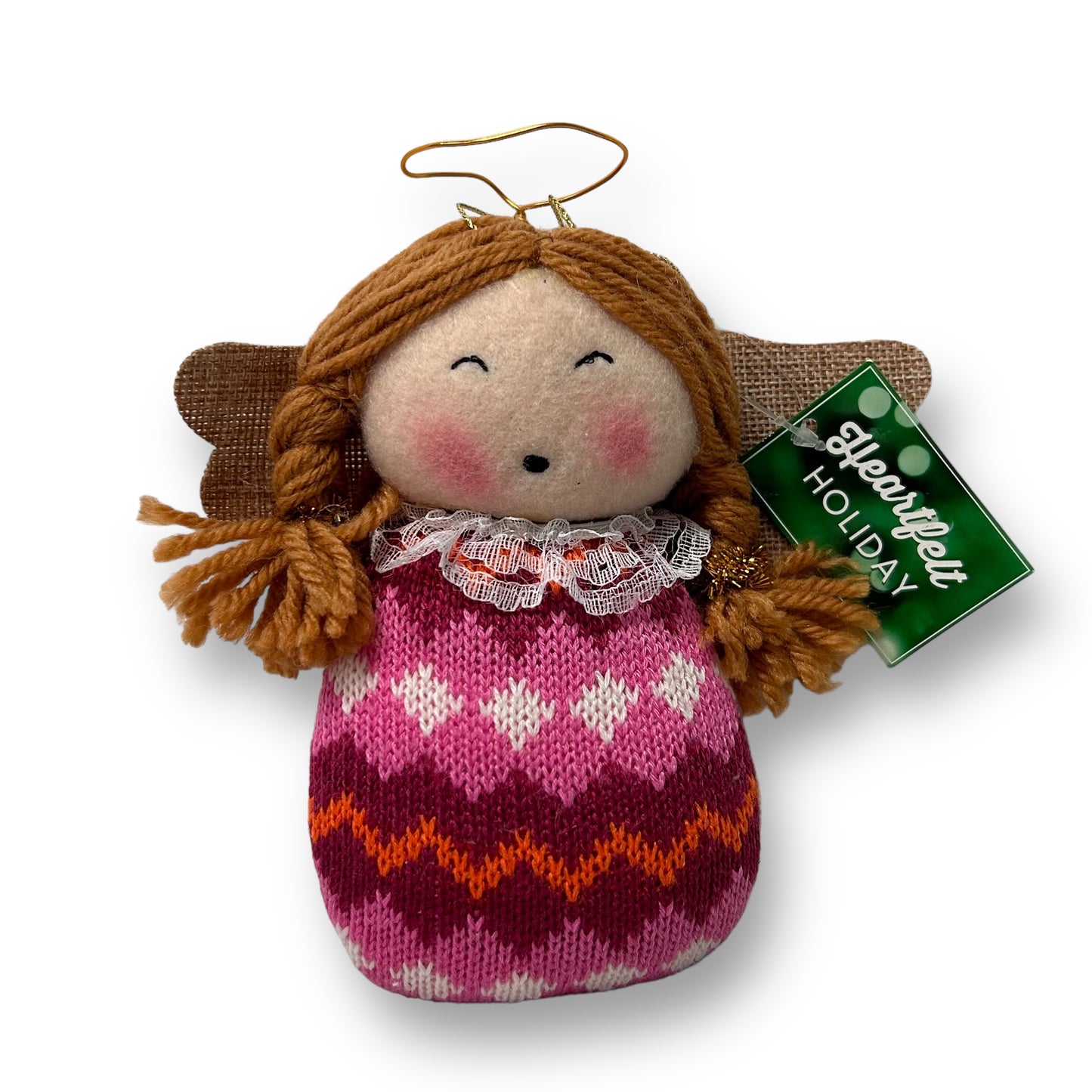 NEW! Holiday Angel Christmas Tree Ornament with Pink Sweater Dress & Yarn Hair