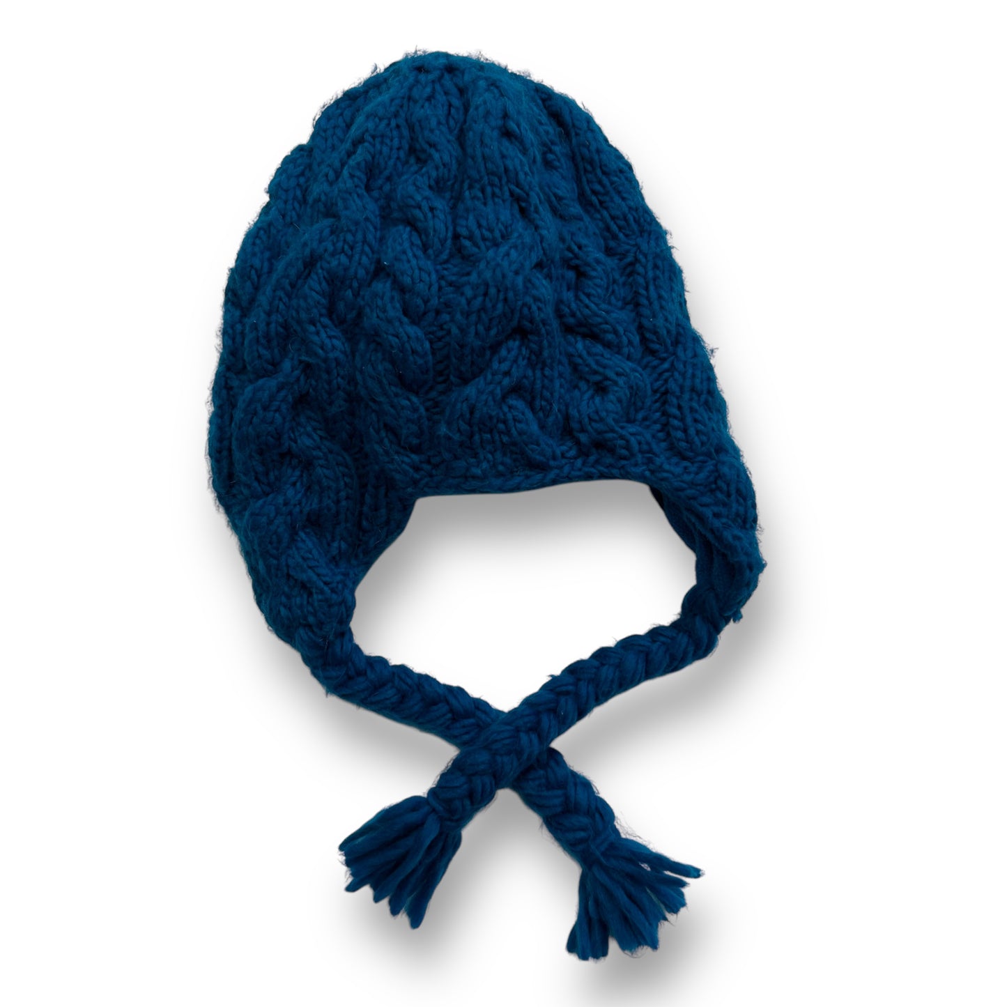 Old Navy Youth Girl Winter Knit Beanie Teal Blue Fleece Lined with Tassel Braids