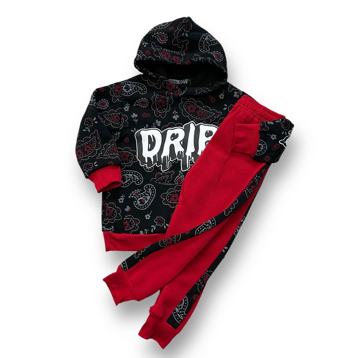 A red and black hoodie sweatpants outfit for boys with 'DRIP' text on the hoodie and a bandana on the pants.