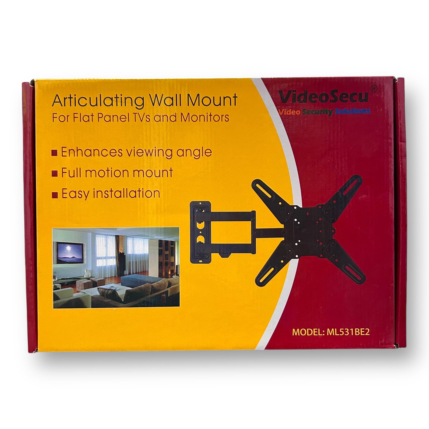 Packaging for an articulating wall mount kit, with an image of the mount and a flat-screen TV on the front.