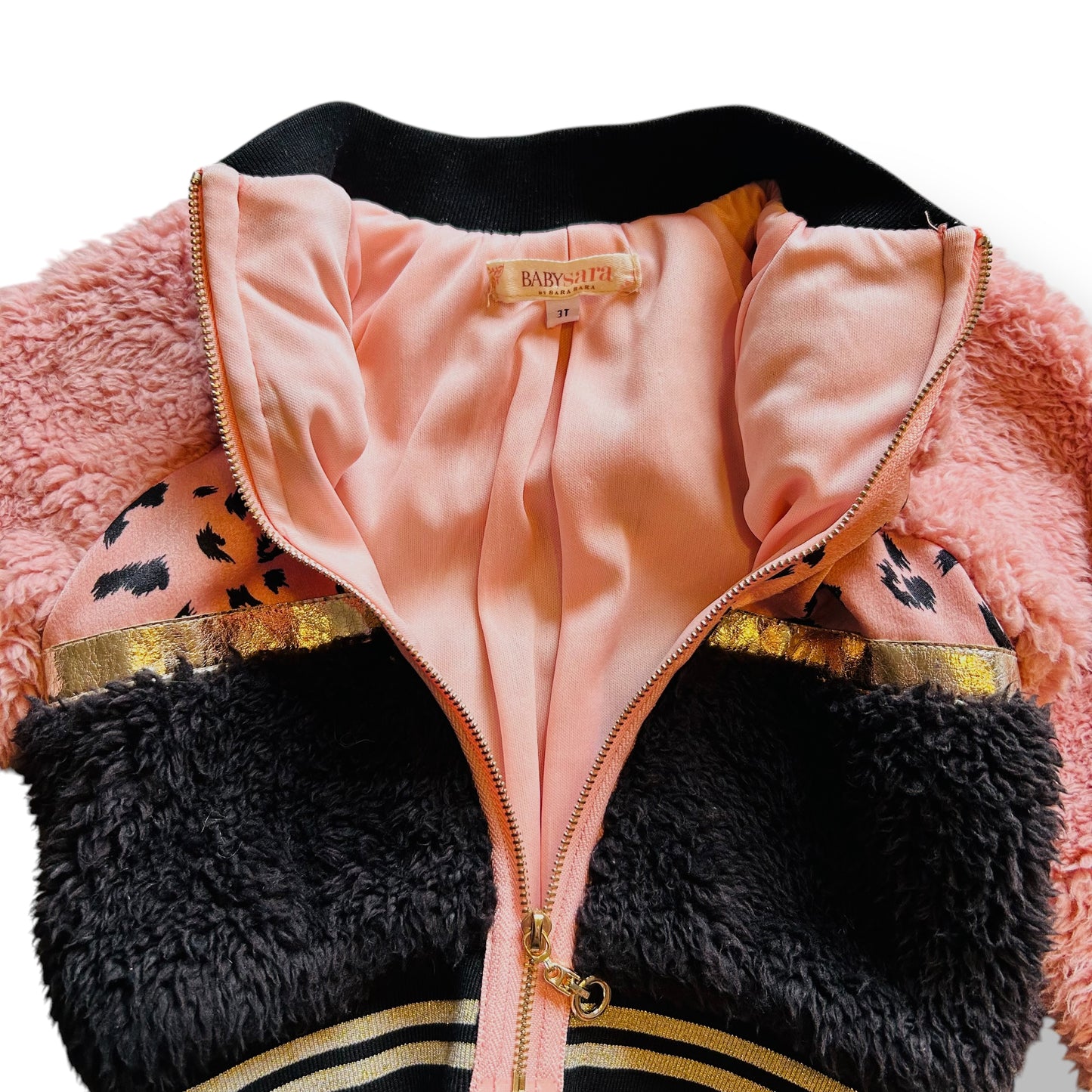Baby Sara Boutique Girls Size 3T Pink Faux Fur and Leopard Zippered Jacket