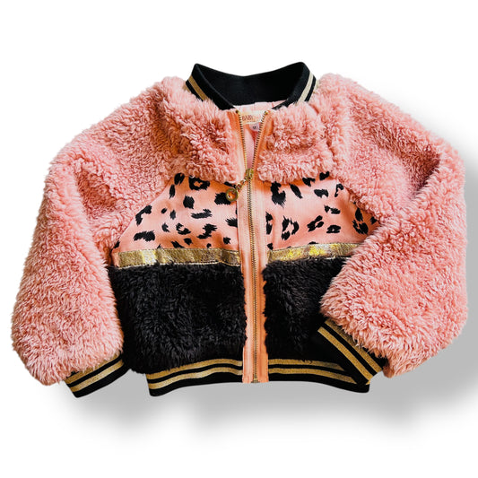 Baby Sara Boutique Girls Size 3T Pink Faux Fur and Leopard Zippered Jacket