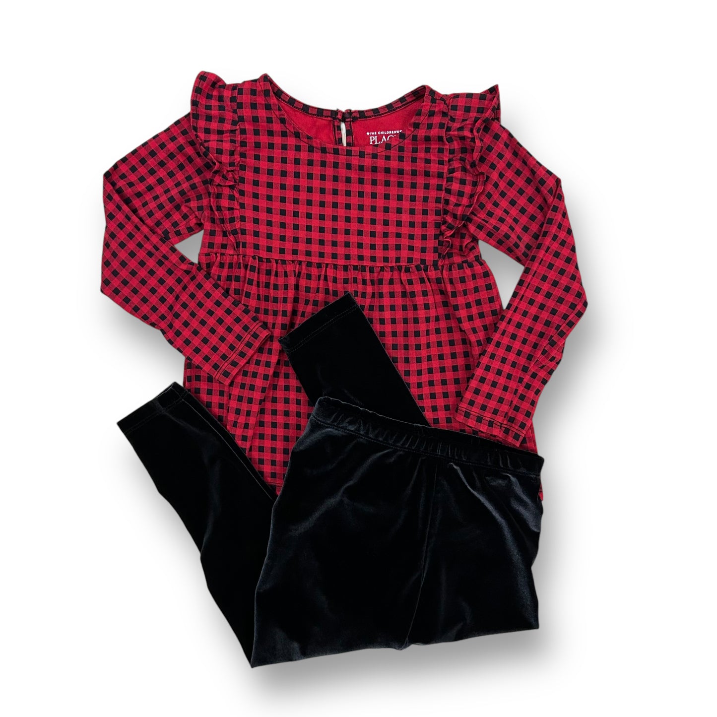 Children's Place Girls Outfit Size 4T Red Plaid Shirt and Black Velvet Pants Set