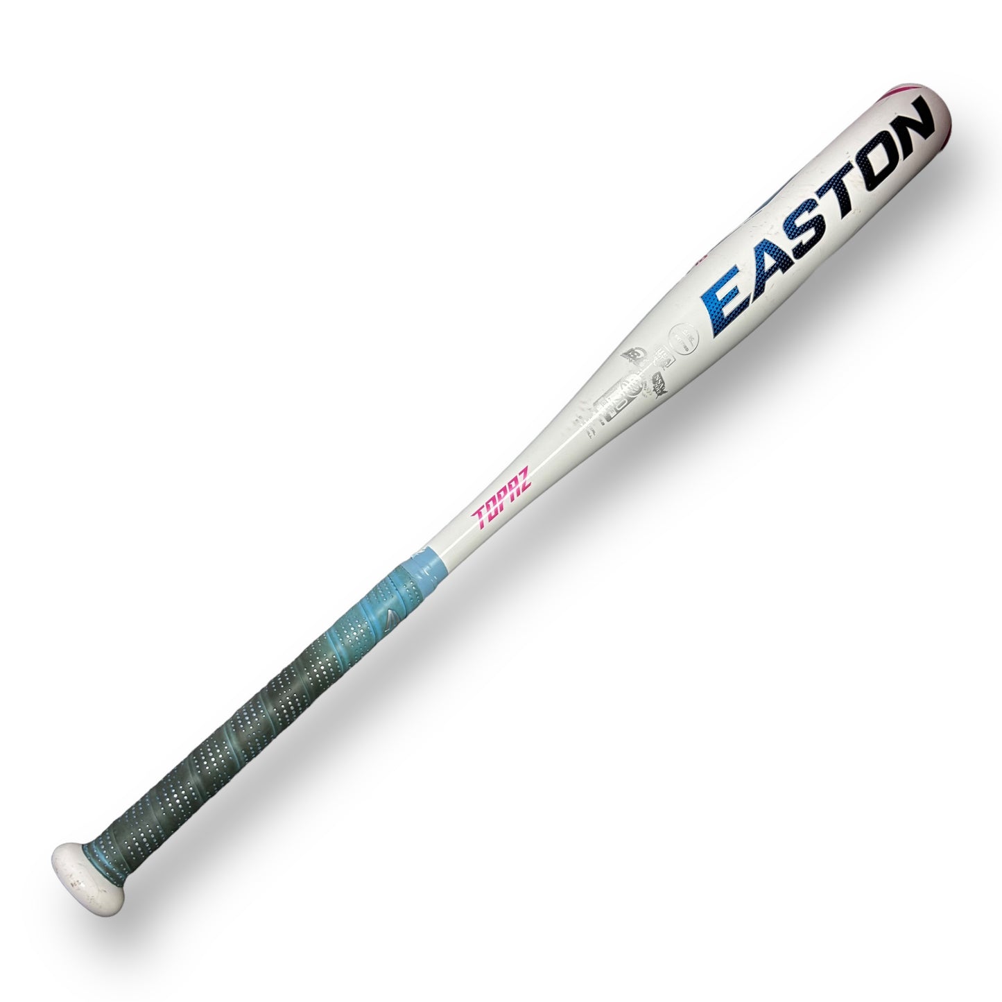 Easton TOPAZ Fastpitch Softball Bat, predominantly white with blue and gray accents, including the brand name 'Easton' printed in blue on the barrel.