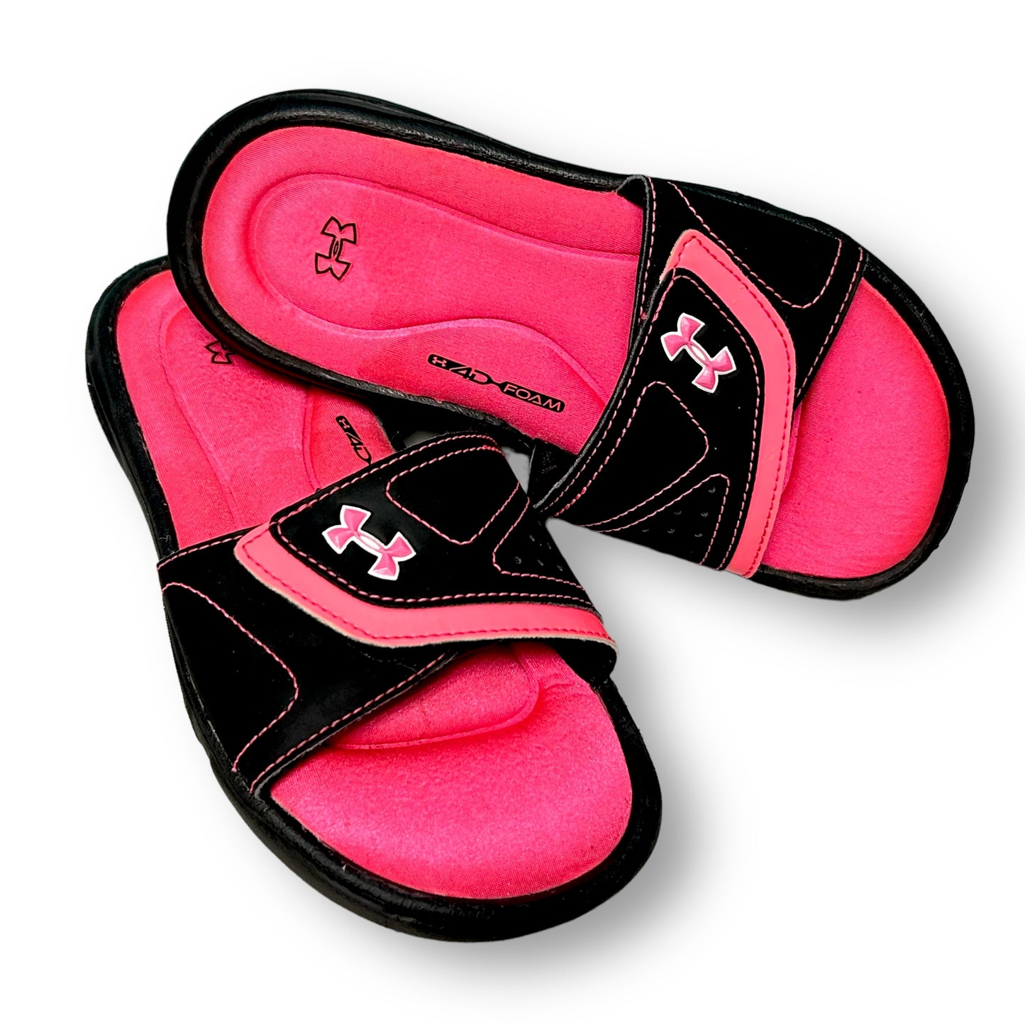 Girls Under Armour Size 2 Youth Pink & Black Memory Foam Slide Sandals