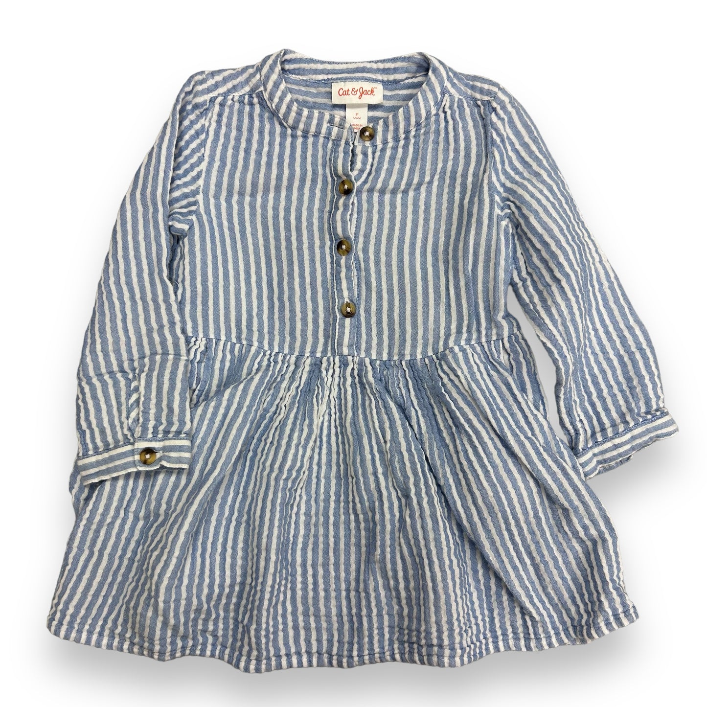 Cat & Jack Girls Size 3T Blue & White Pinstripe Button Top Long Sleeve Dress