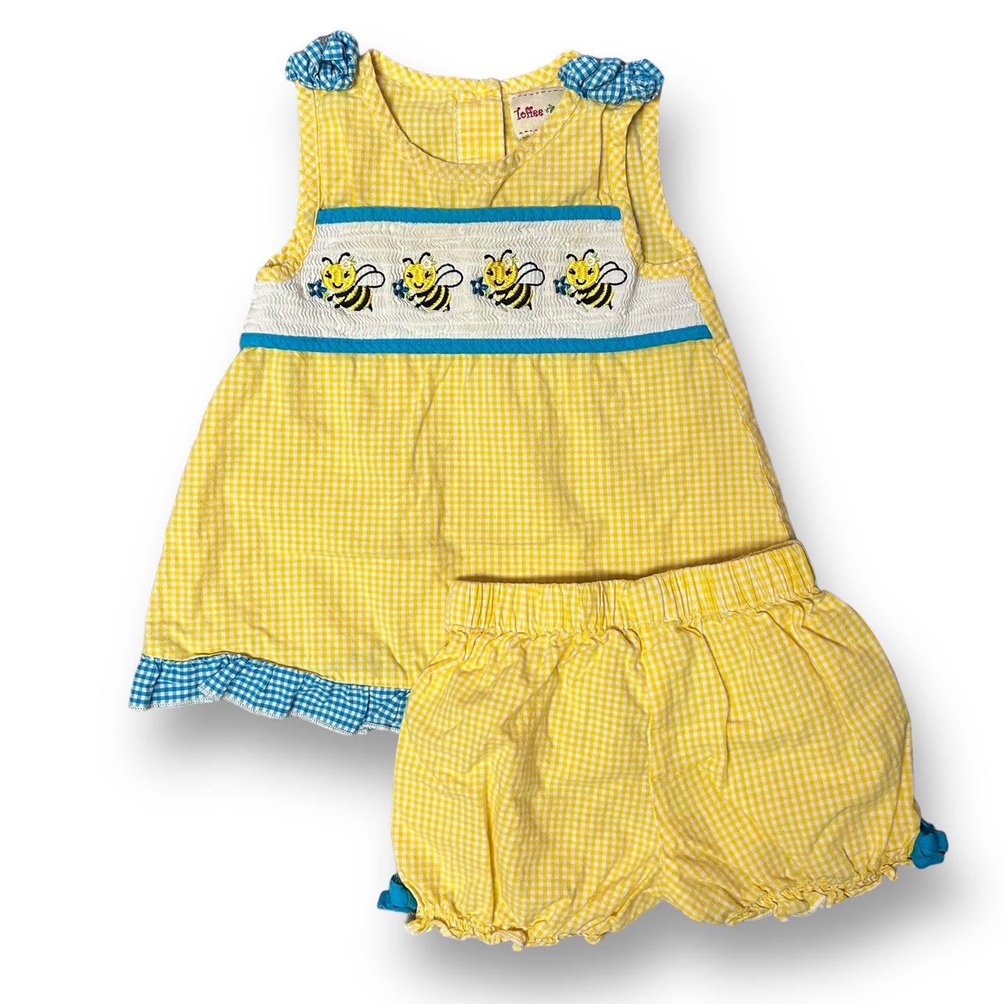 Toffee Apple Girls Smocked Outfit 12 Months Yellow Gingham Bumble Bee Shorts Set