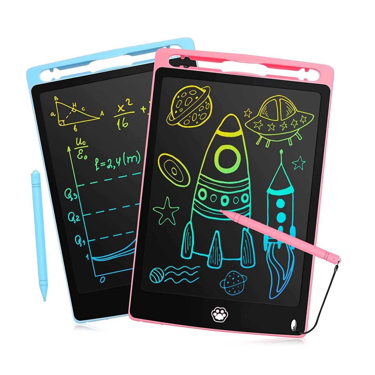 Two children's LED tablet toys in blue and pink, with colorful drawing and writing on the screen, and a stylus pen next to them.