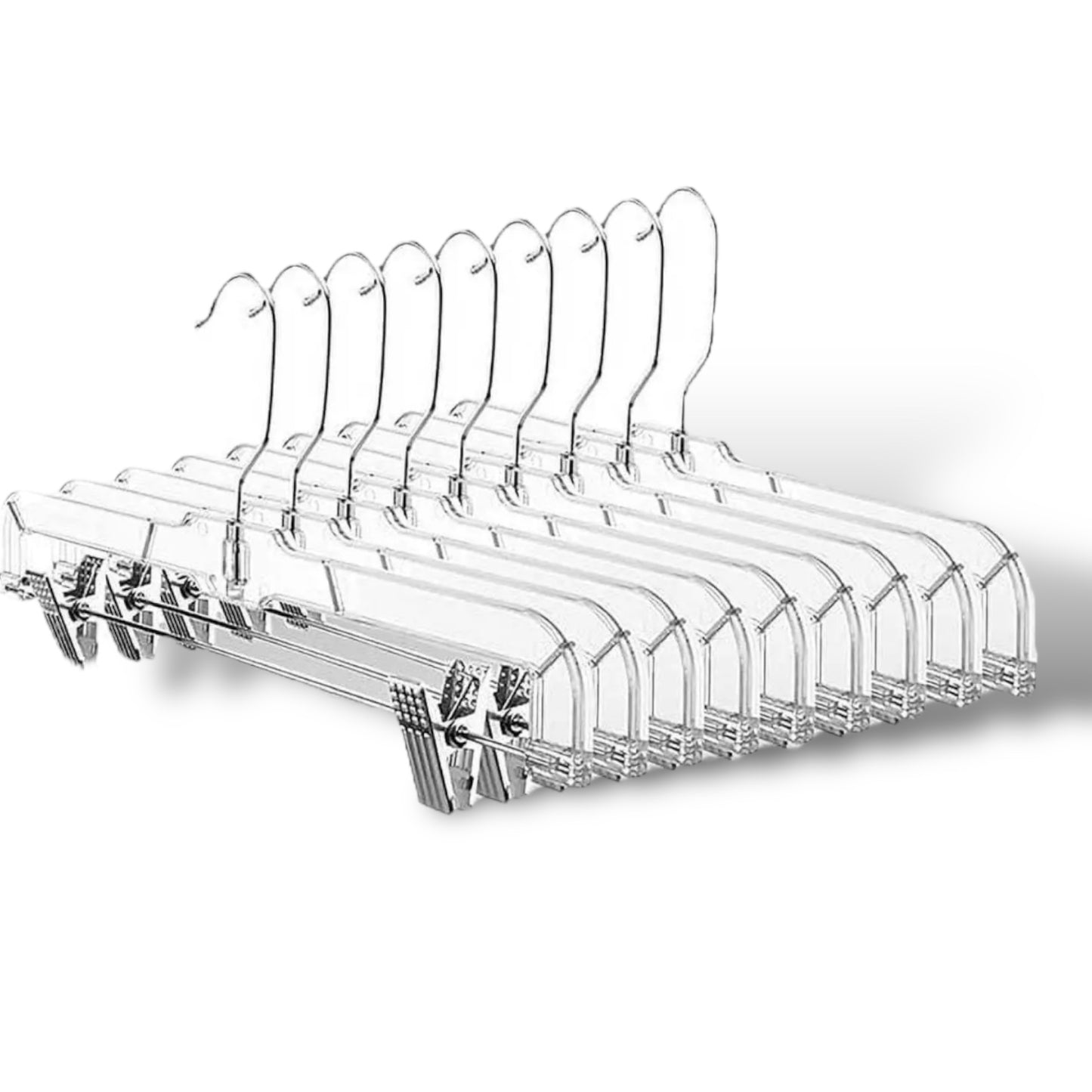 A set of clear plastic adjustable slide clip pant hangers with metal hooks, displayed in a neat row.