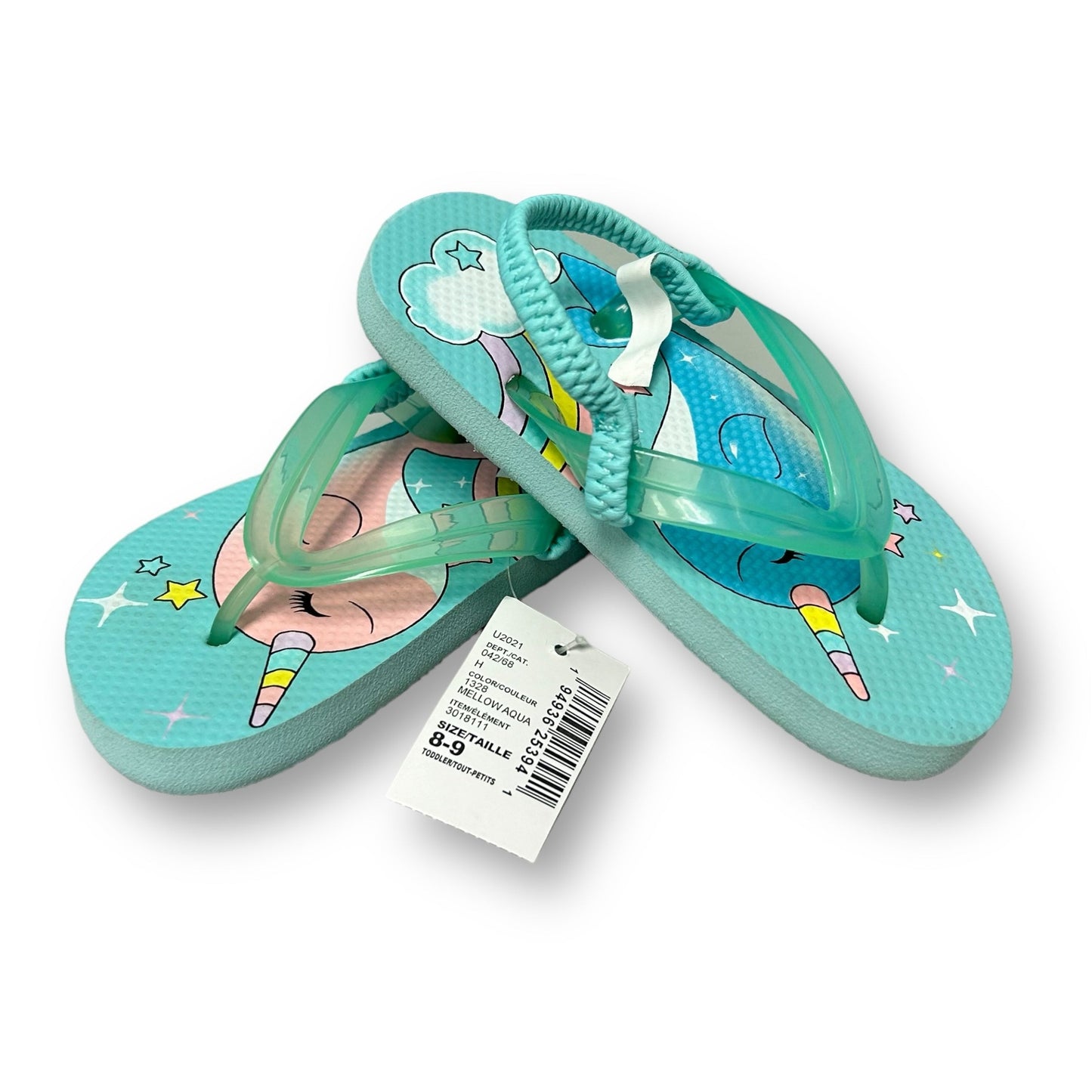 A pair of turquoise Children's Place thong sandals with a narwhal design, displayed alongside a product tag.