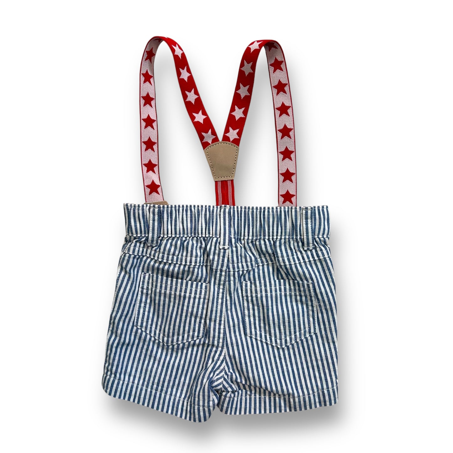 Baby Boys Size 3-6 Months Striped Blue Elastic Waist Jean Shorts with Suspenders