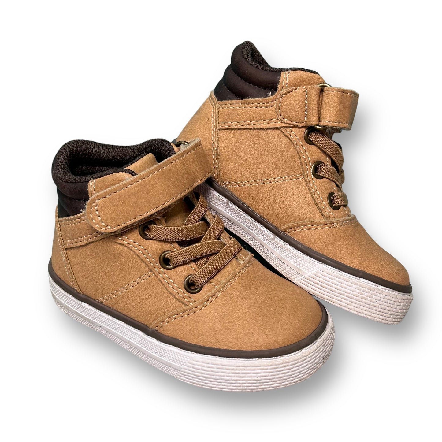 A pair of brown Children's Place toddler boy size 5 no-tie high top sneakers with lace-up closure.