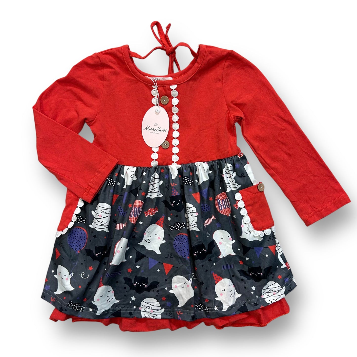 A size 3/4 orange and gray Halloween dress with button accents and a pattern of ghosts, pumpkins, and cats on a red background.