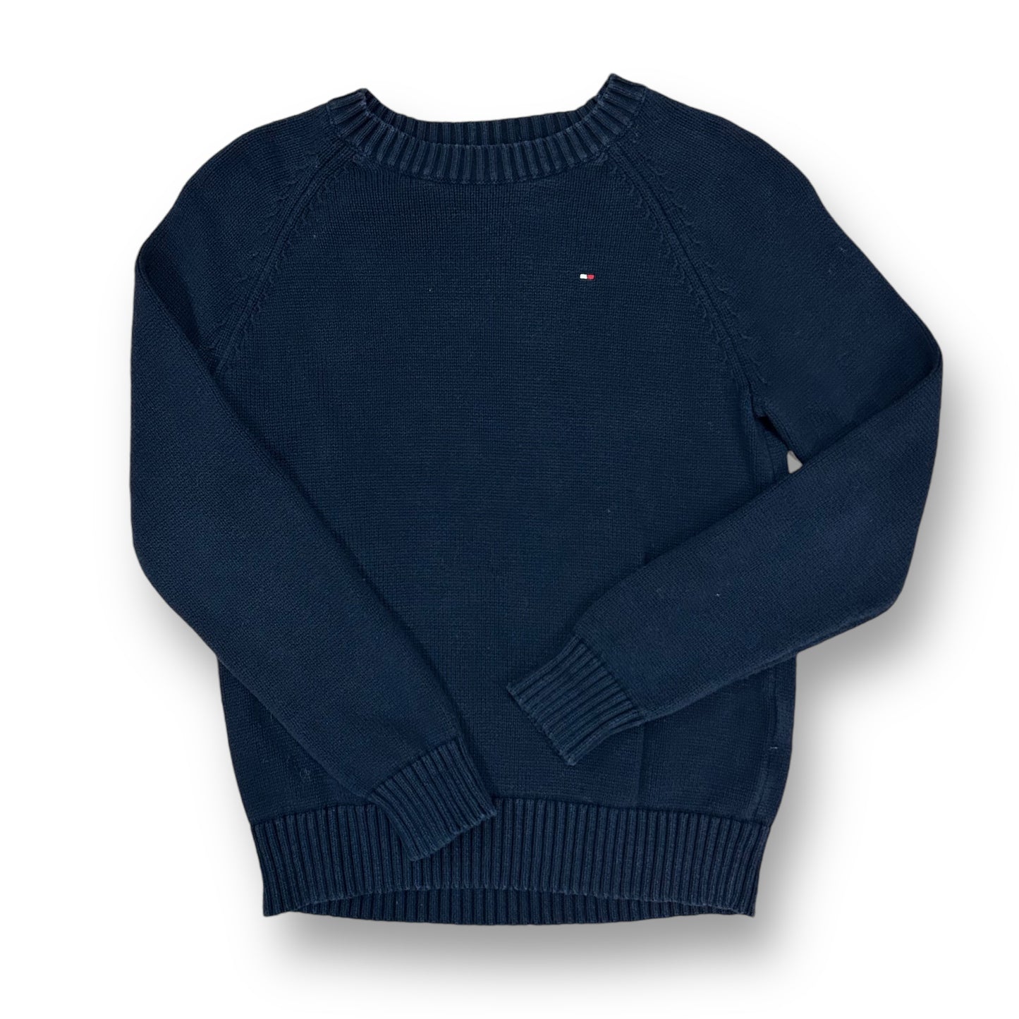 A navy blue Hilfiger crewneck sweater for boys, with a ribbed cuff and a logo on the chest.